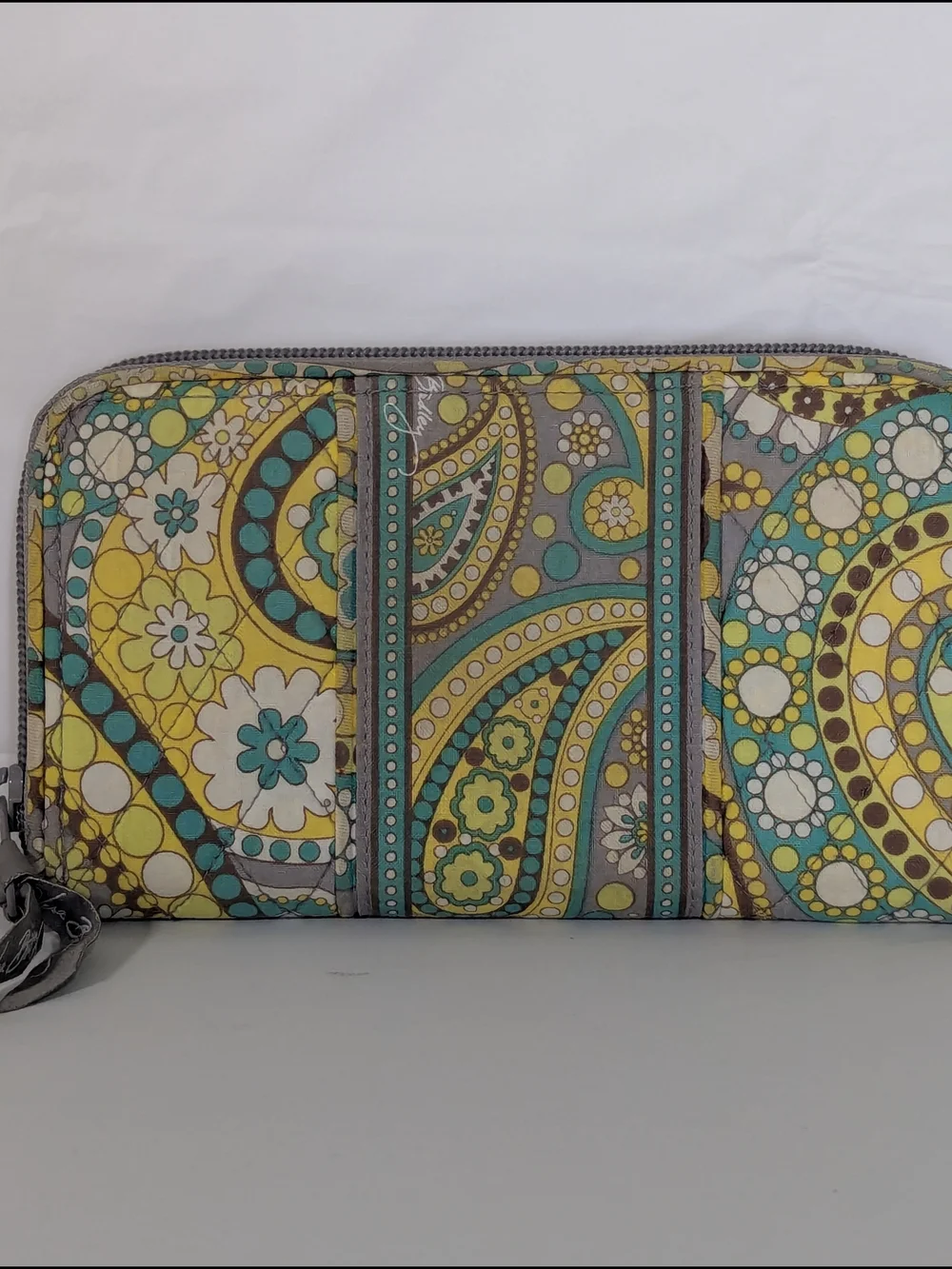 Vera Bradley Zip Around Wallet Paisley Floral Quilted Cotton Gray Yellow Blue